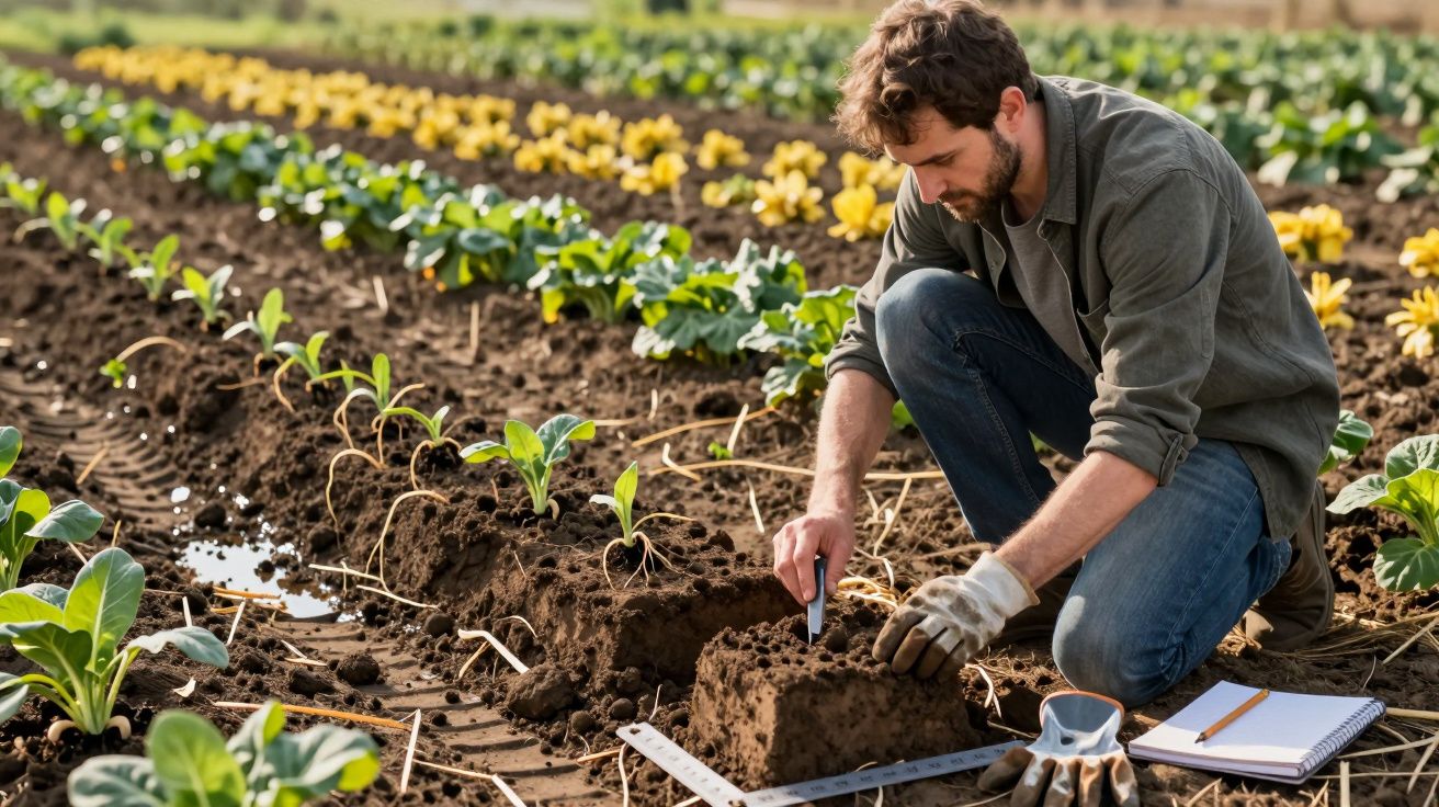 Homem ajoelhado analisa solo em campo agrícola com plantas jovens, medindo a terra e fazendo anotações num bloco.