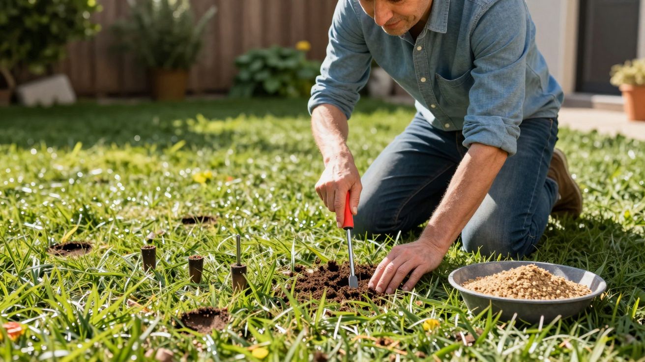 Homem a plantar na relva do jardim, usando uma ferramenta de mão com uma tigela de pedras ao lado.