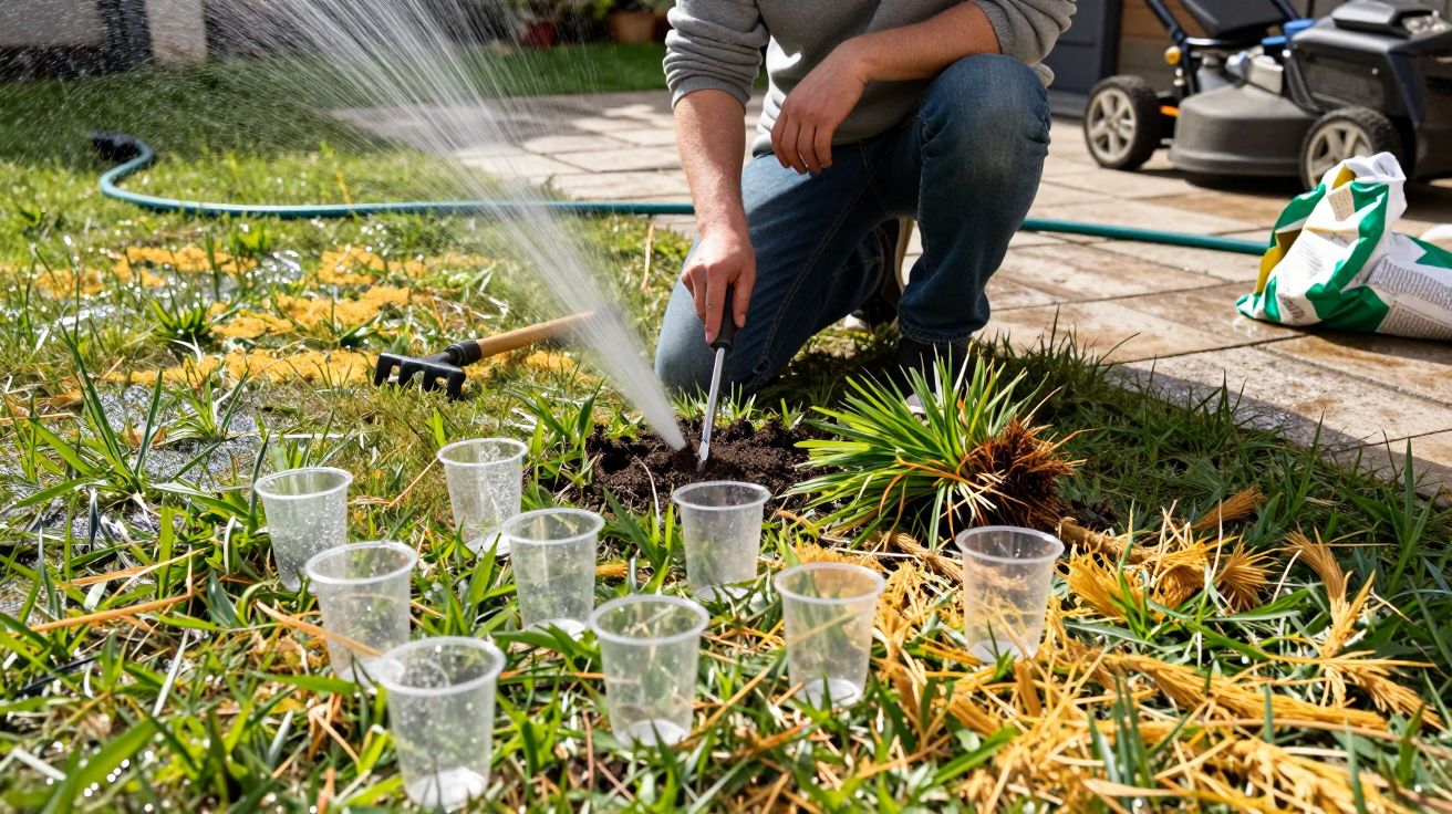 Pessoa a regar plantas no jardim com copos plásticos no chão e ferramenta de jardinagem ao lado.