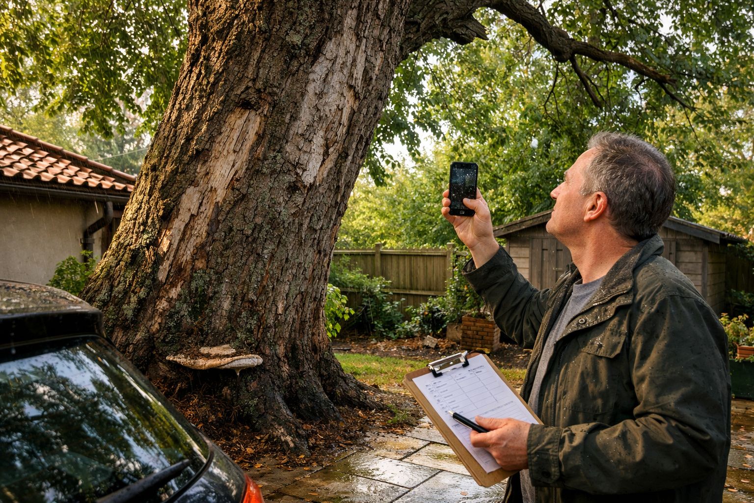 Homem fotografa árvore antiga num jardim, segurando um telemóvel e uma prancheta com documentos.