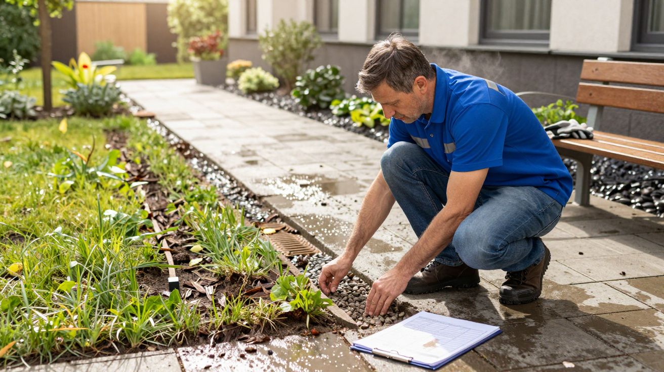 Homem de joelhos no chão, ajustando o canteiro de jardim ao lado de um passeio pavimentado.