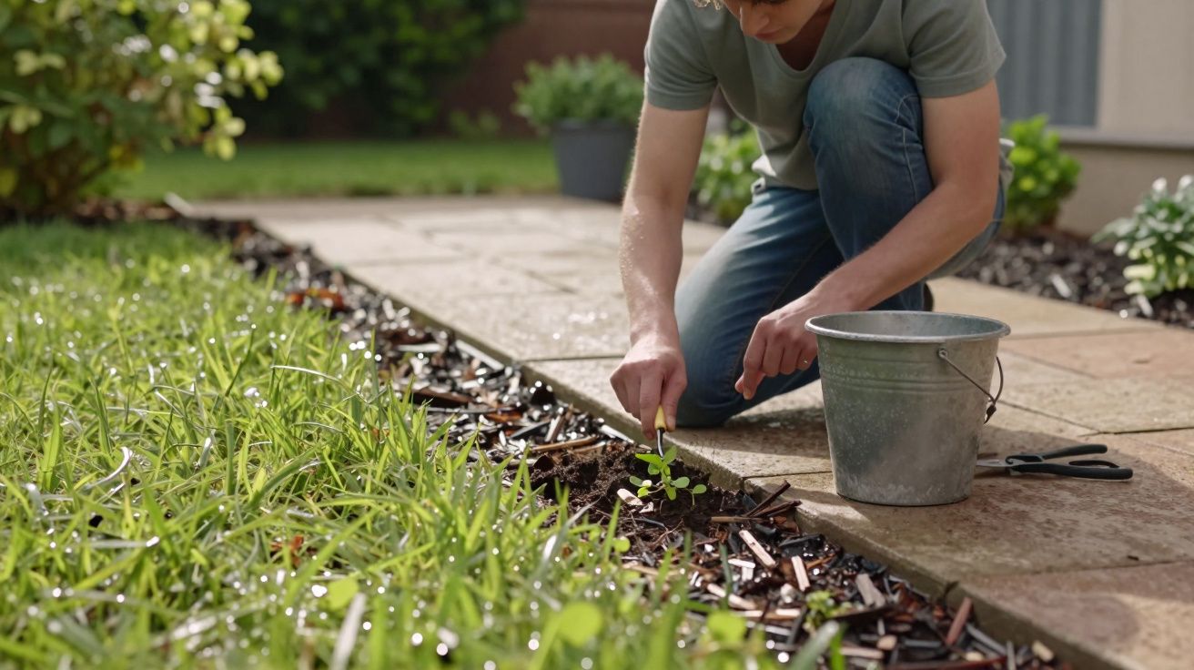 Pessoa a plantar muda num jardim, com balde de metal e tesoura ao lado. Vegetação verde e trilho de pedra visíveis.