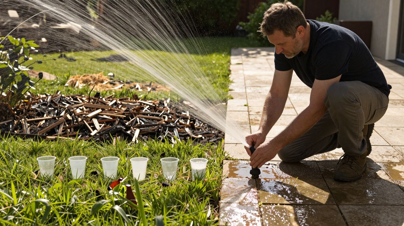 Homem ajusta rega num jardim, com copos em fila na relva para medir água.