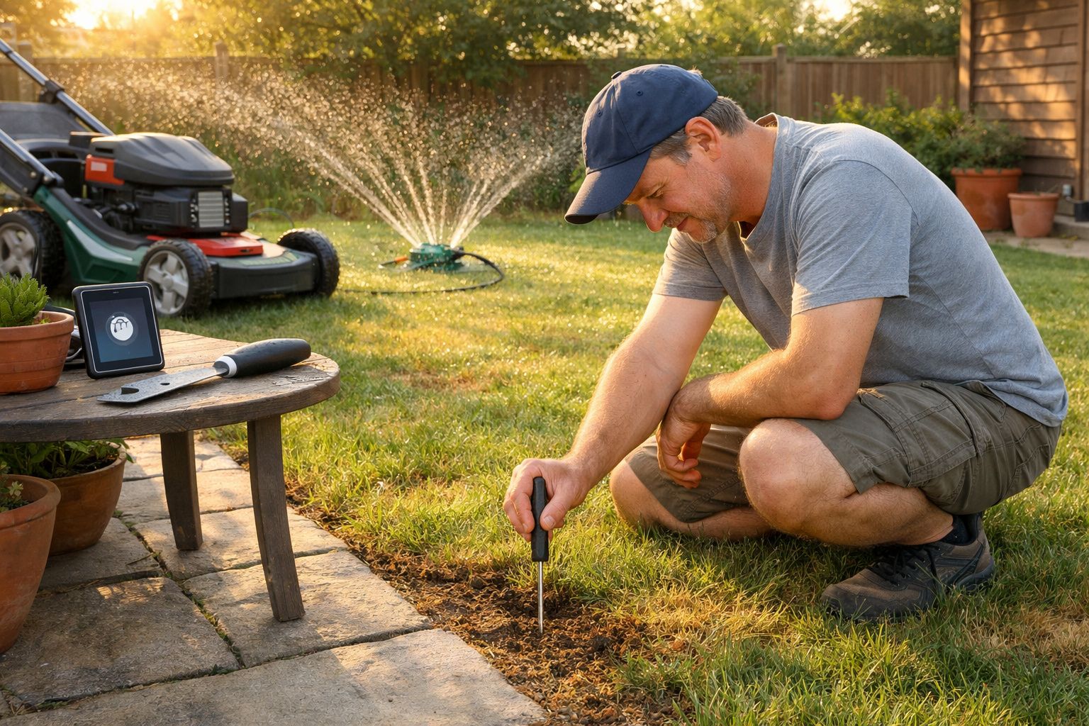 Homem ajoelhado no jardim, usando ferramenta na terra, com aspersor e cortador de relva ao fundo.