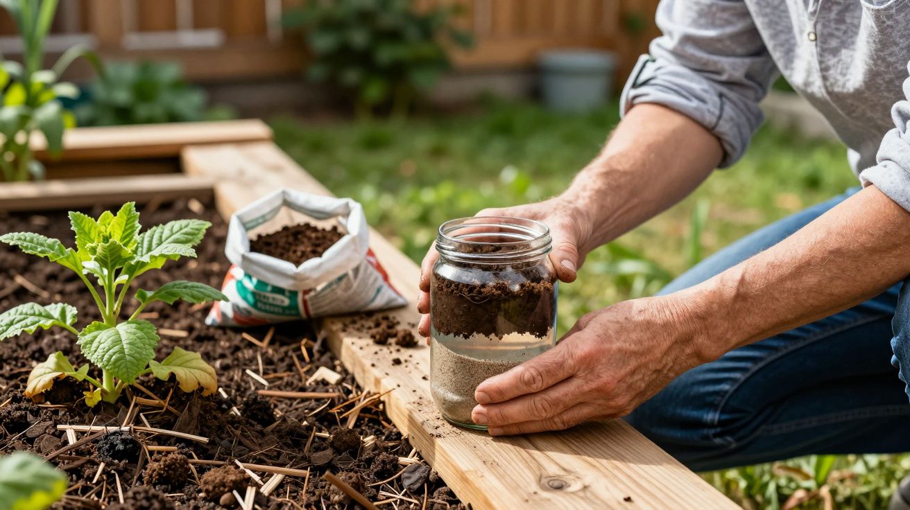 Pessoa segurando frasco de vidro com terra ao lado de planta em horta. Pacote de terra aberto no chão.