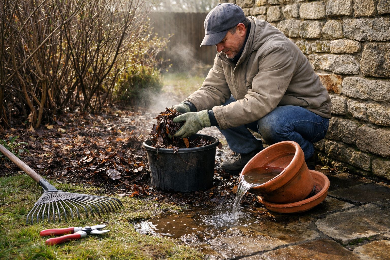 Homem de casaco e boné arruma folhas num balde, com ferramentas de jardim ao lado.