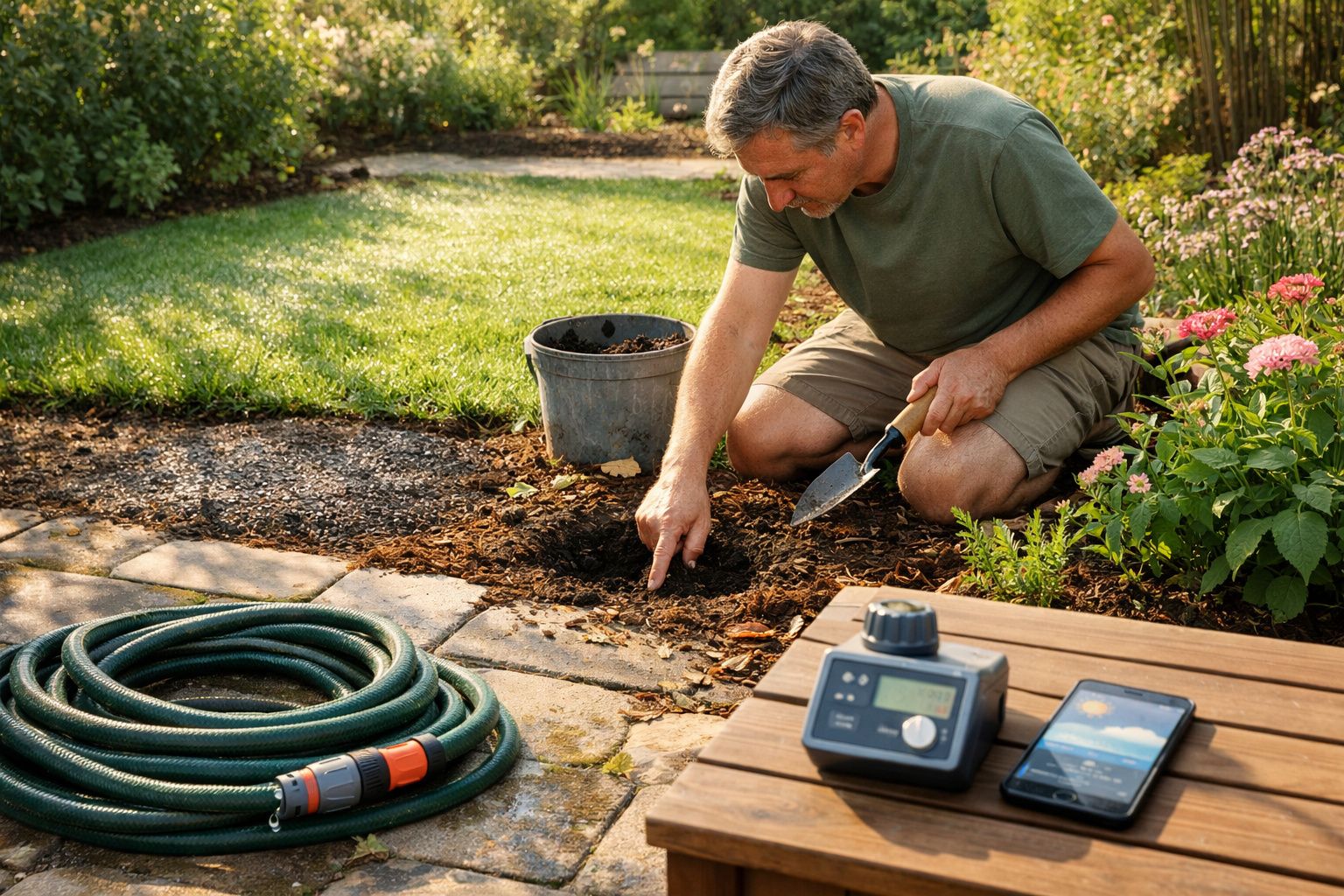 Homem a jardinar, usando uma pá pequena junto a um balde. Mangueira e telemóvel sobre uma mesa próxima.