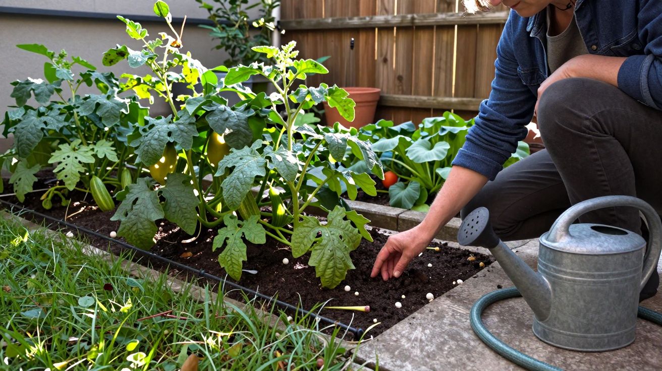 Pessoa jardina, regando plantas com regador num canteiro, numa horta urbana ao ar livre.