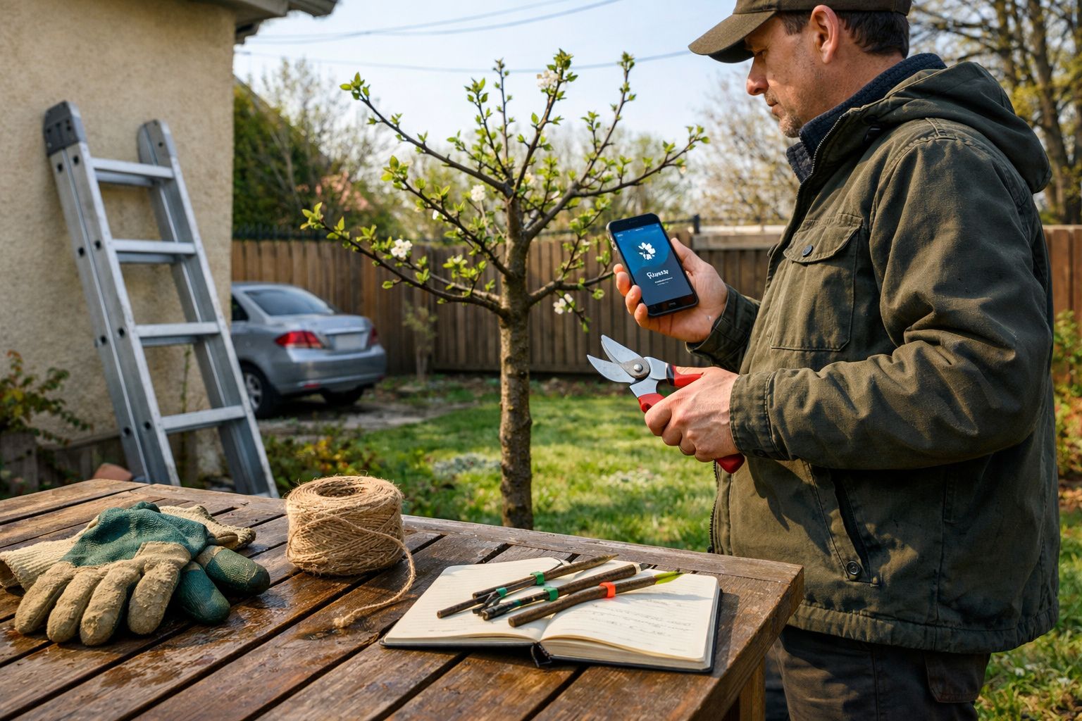 Homem em casaco segura telemóvel e tesoura de poda, junto a árvore no jardim. Mesa com ferramentas e escada ao fundo.