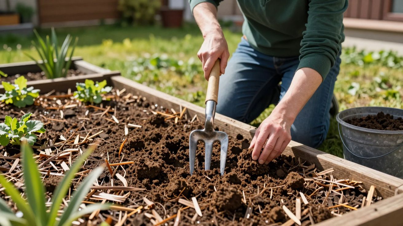 Pessoa a cavar terra em horta elevada, com plantas ao redor, num dia ensolarado.