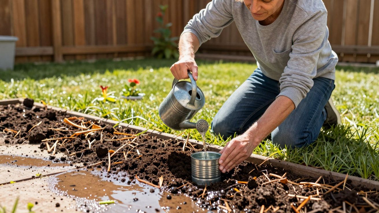 Pessoa a regar uma pequena horta, usando um regador metálico num jardim com flores vermelhas ao fundo.