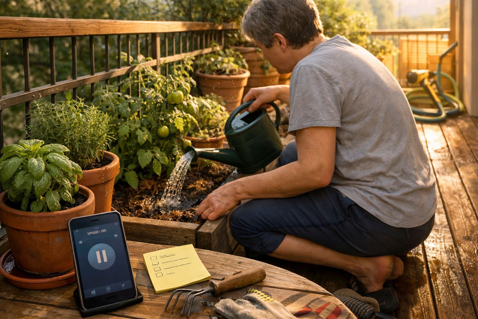 Pessoa a regar plantas num terraço com um regador verde. Telemóvel e bloco de notas em primeiro plano.