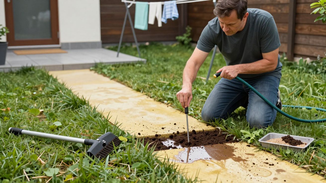 Homem de joelhos no jardim a reparar caminho de terra, usando mangueira. Ferramentas e roupa pendurada ao fundo.