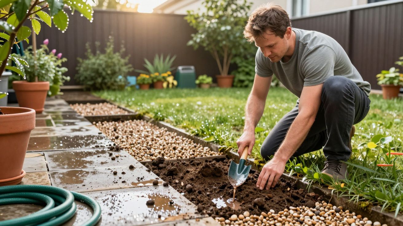 Homem a plantar num jardim, ajoelhado, usando uma pá pequena, rodeado por plantas e vasos, perto de um caminho de pedras.