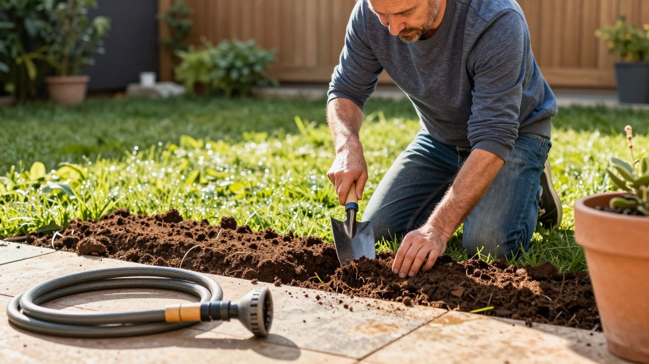 Homem a jardinar, ajoelhado, usa uma pá pequena para cavar terra num jardim. Mangueira de rega no chão ao lado.