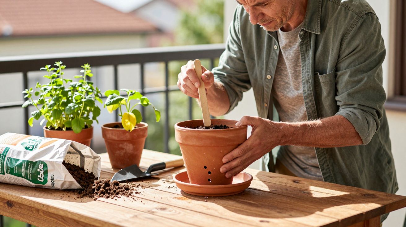 Homem plantando em vaso de barro numa mesa de madeira, ao lado de uma planta verde e saco de terra.