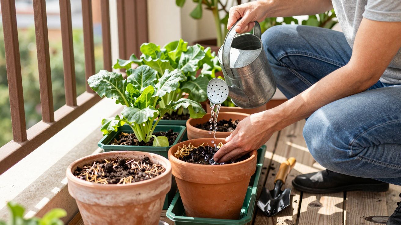 Pessoa a regar plantas num terraço com regador metálico, rodeada de vasos e ferramentas de jardinagem.