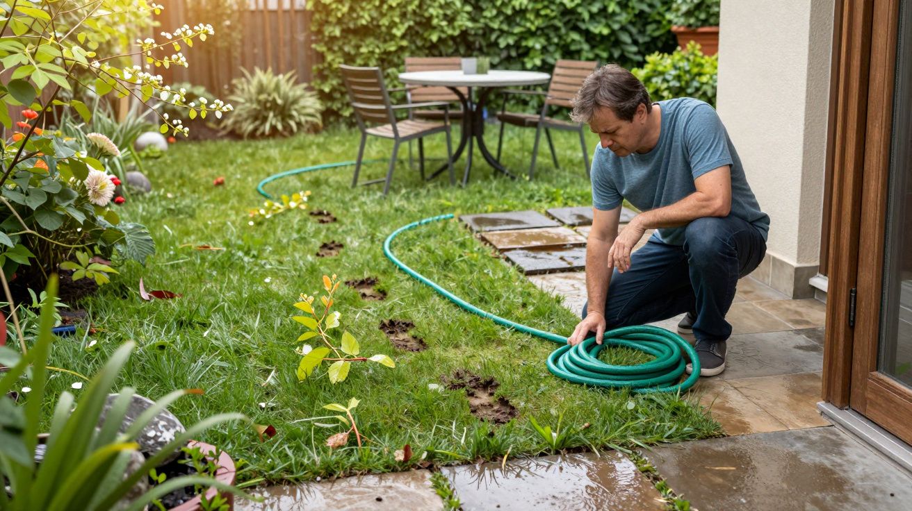 Homem regando jardim com mangueira num relvado verde. Mesa e cadeiras ao fundo num ambiente exterior.