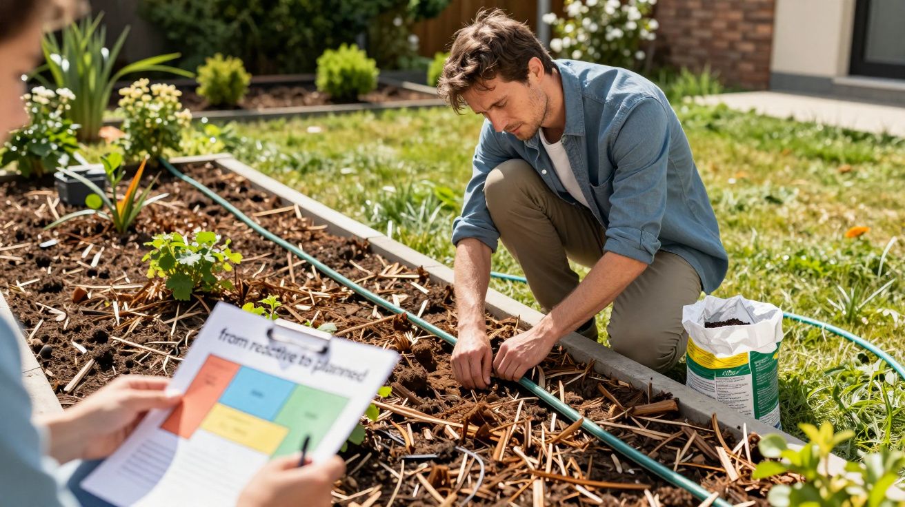 Homem a plantar no jardim, próximo a indivíduo com um plano de plantação. Saco de adubo e vegetação verde ao redor.