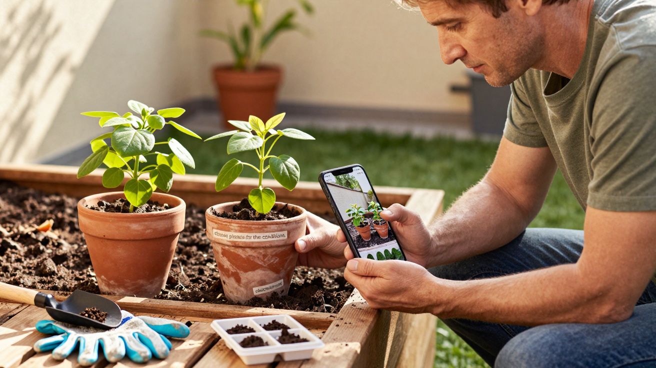 Homem fotografa plantas em vasos num jardim, com ferramentas de jardinagem ao lado.