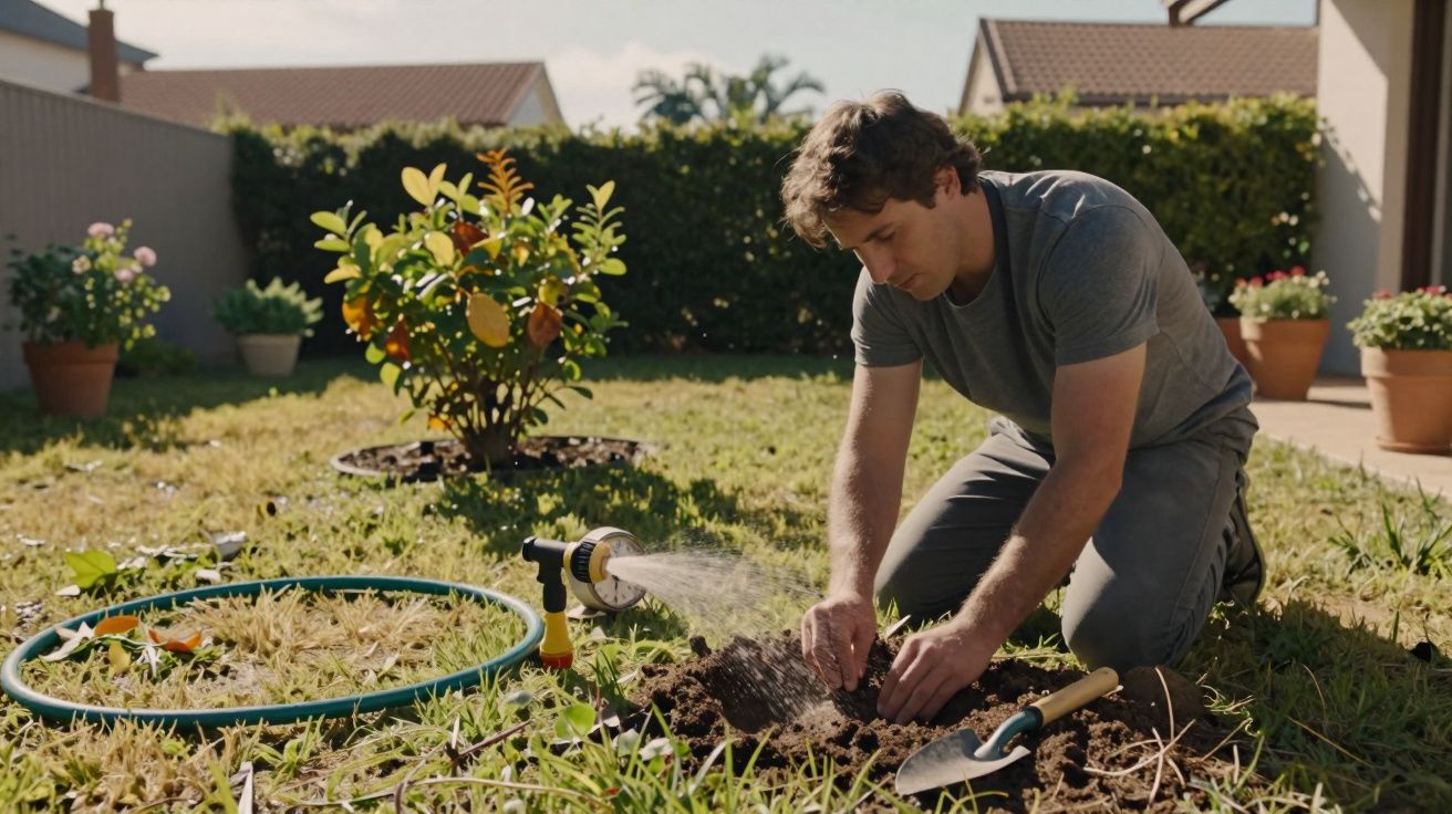 Homem a plantar no jardim, ajoelhado na relva, com ferramentas de jardinagem ao lado e regador a funcionar.