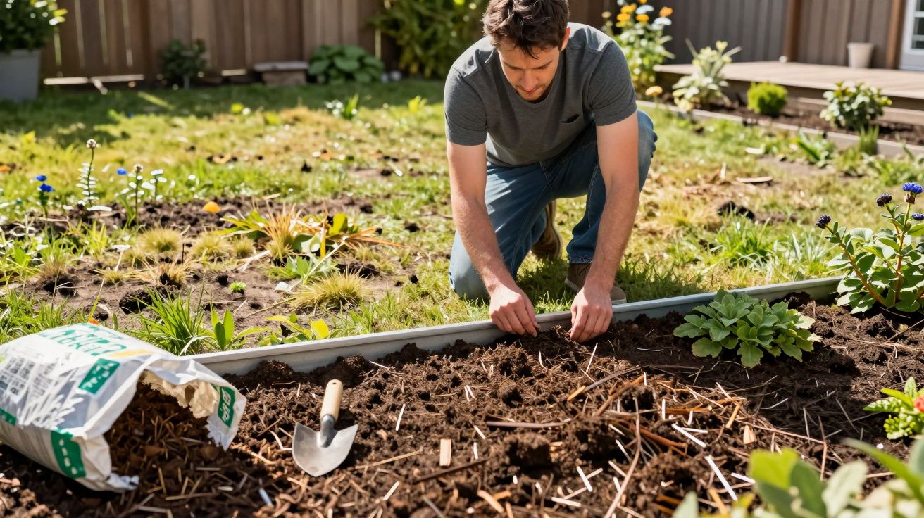 Homem ajoelhado no jardim a plantar mudas, com uma pá e um saco de adubo ao lado.