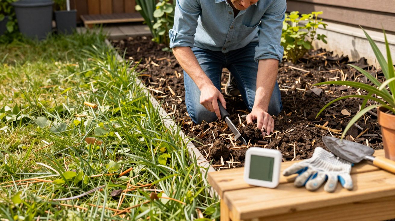 Pessoa a jardinar, cavando num canteiro. Luvas e ferramentas à frente sobre uma mesa de madeira.