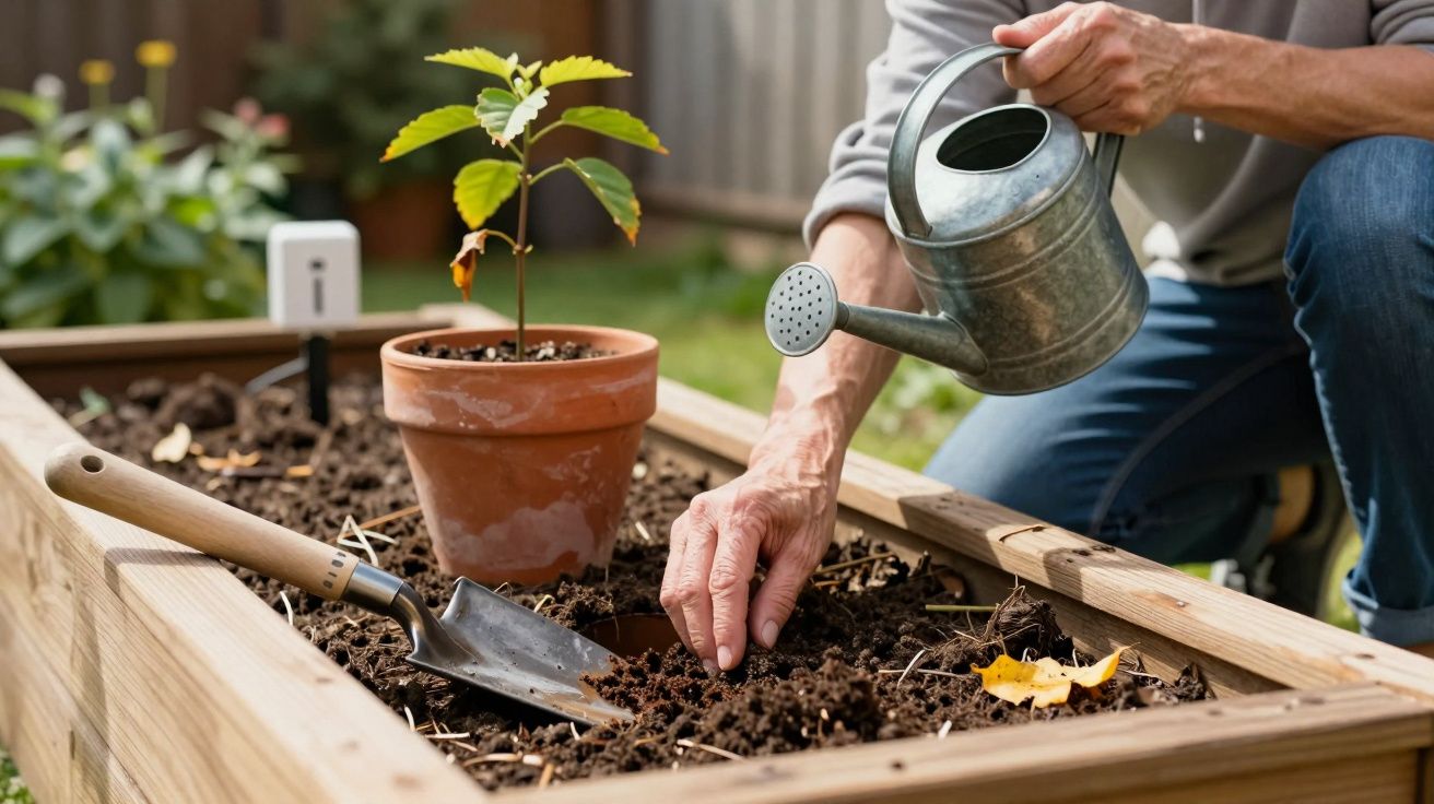 Pessoa a regar planta em vaso e a cuidar de horta em canteiro de madeira, com pá e solo preparado.