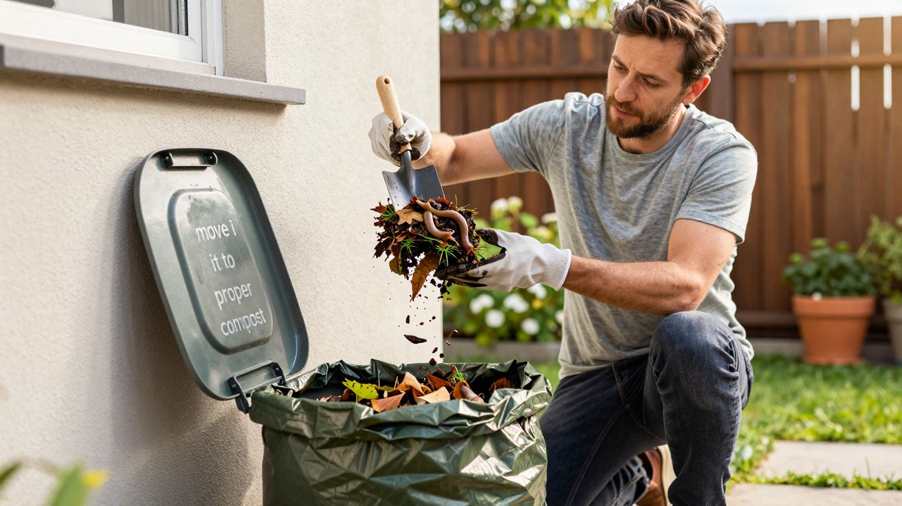 Homem de joelhos no jardim, depositando folhas e resíduos orgânicos num compostor junto à parede de uma casa.