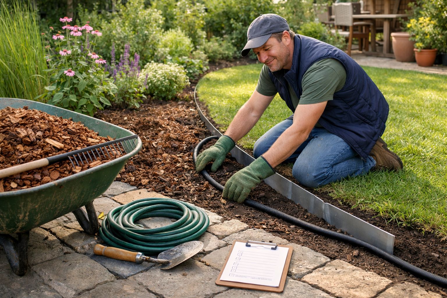 Homem a instalar tubo de irrigação num jardim, com ferramentas e carrinho de mão por perto.