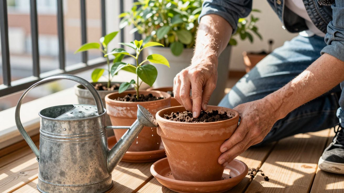 Pessoa a plantar num vaso numa varanda, próximo de um regador metálico.