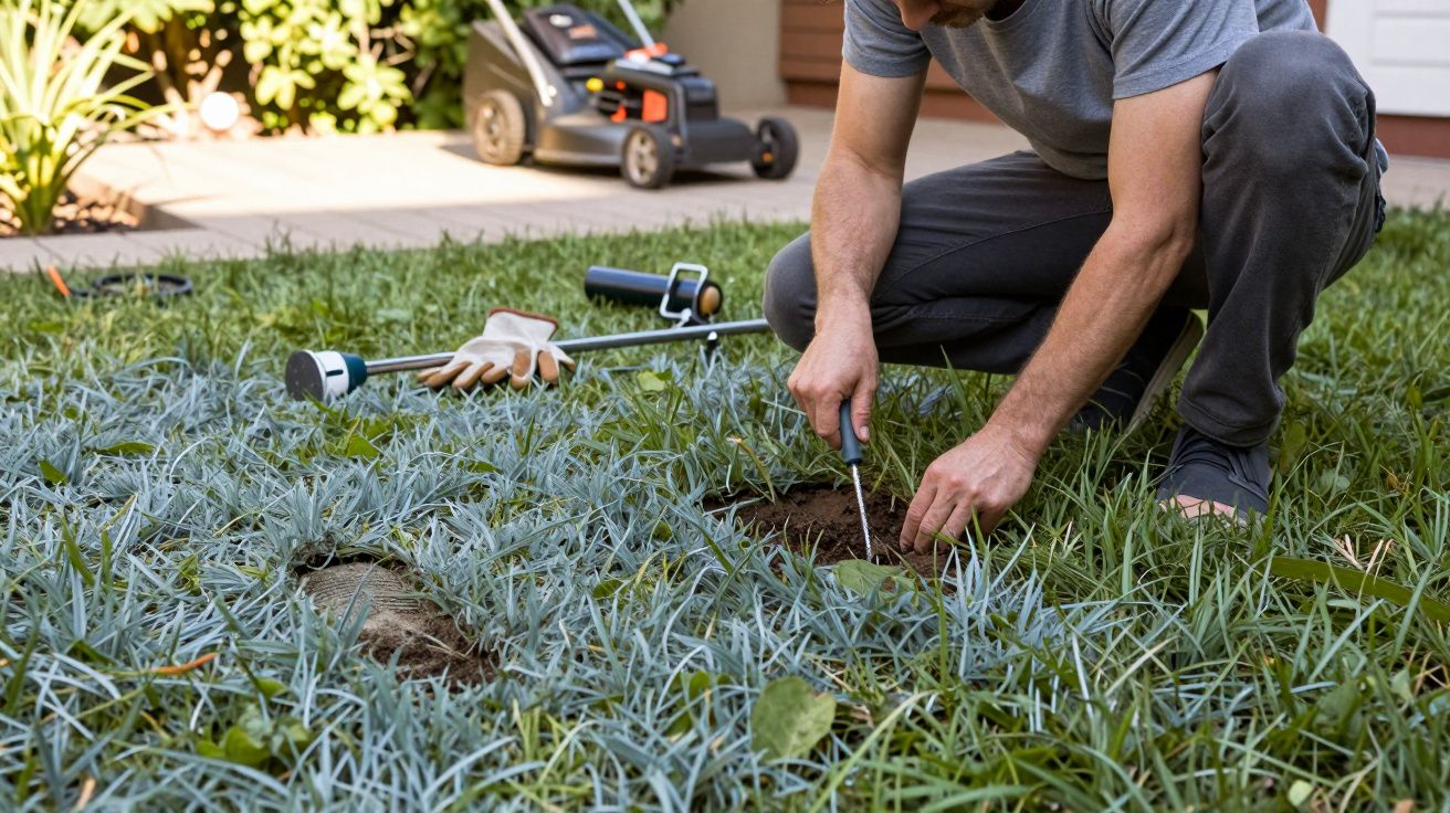 Homem ajoelhado no relvado, a remover ervas daninhas com uma ferramenta; cortador de relva e luvas ao fundo.