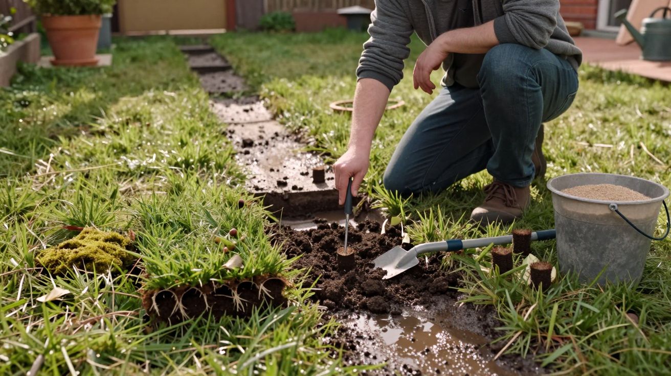 Pessoa ajoelhada a cavar um canteiro no jardim com pá, balde e terra molhada.
