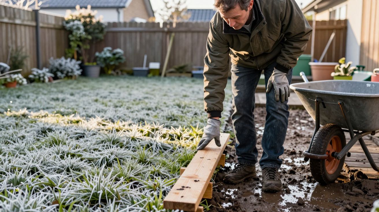 Homem de luvas coloca uma tábua no solo lamacento de um jardim com geada, ao lado de um carrinho de mão.
