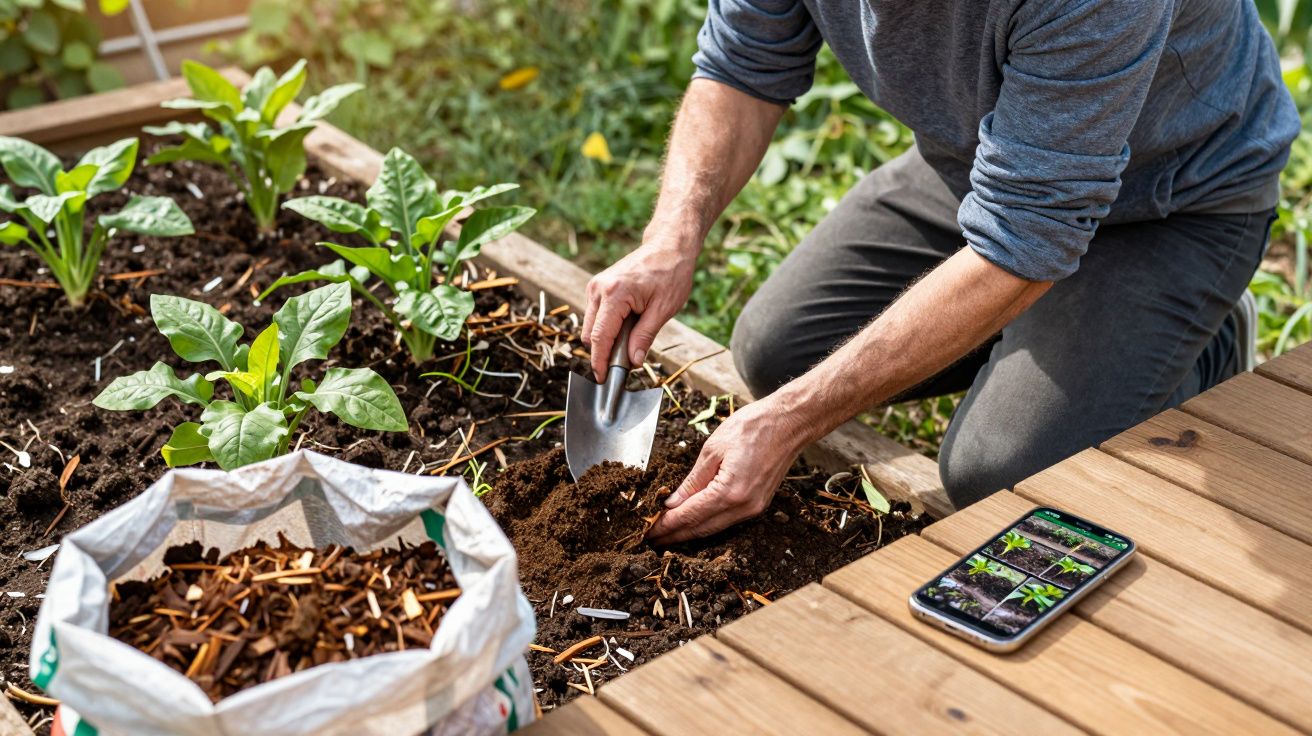 Pessoa a jardinar, usando uma pá pequena numa horta com plantas verdes; telemóvel ao lado com app de jardinagem.