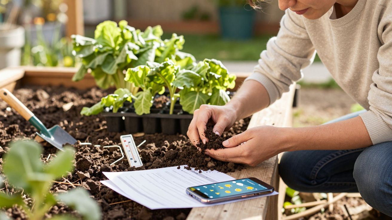 Pessoa analisando solo em horta, com plantação de alfaces. Um telemóvel e ferramentas de jardinagem ao lado.