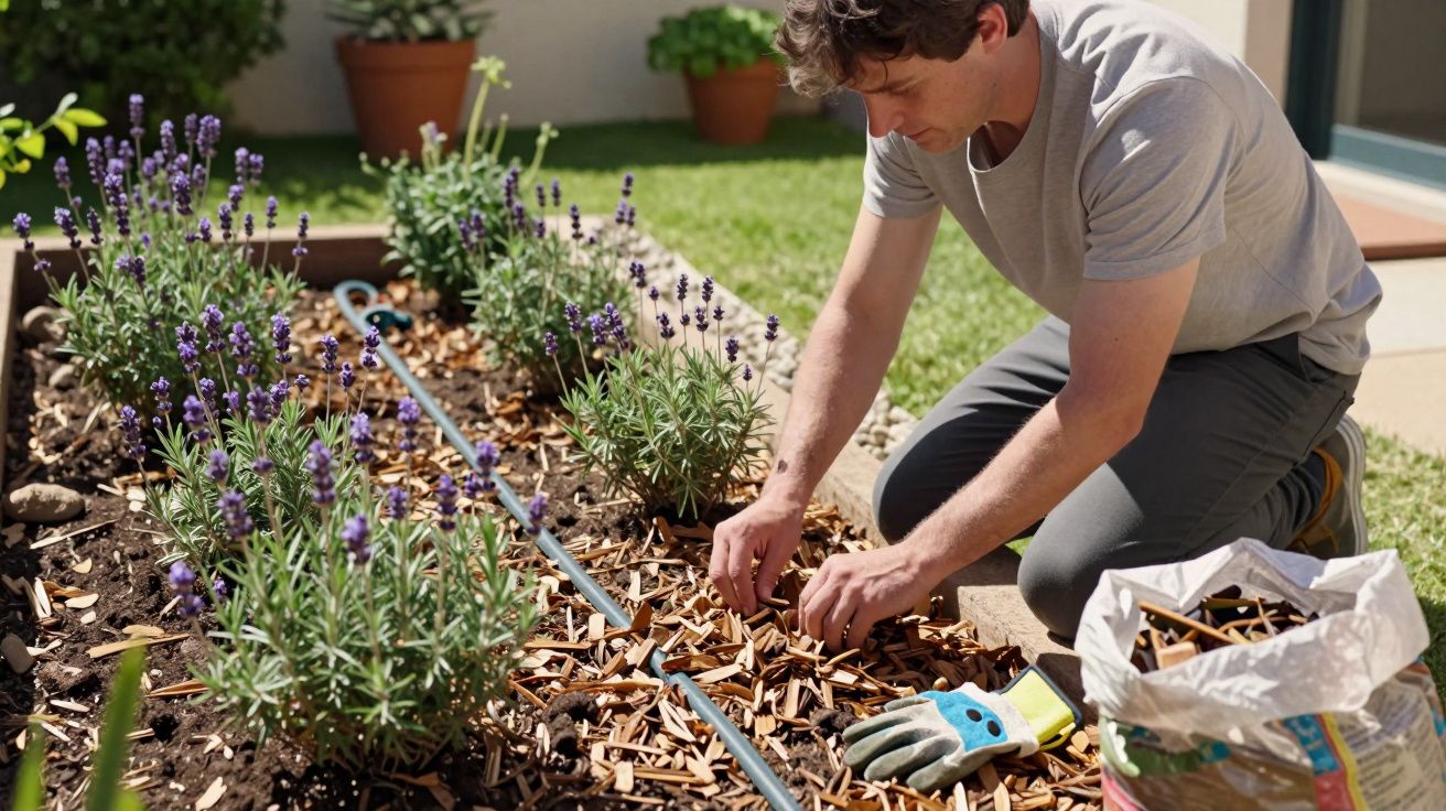 Homem a jardinar numa horta, plantando lavanda e colocando cobertura de casca de árvore.