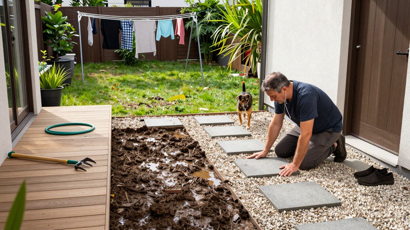 Homem colocando lajes no jardim enquanto um cão observa, com roupa estendida num estendal e plantas ao redor.