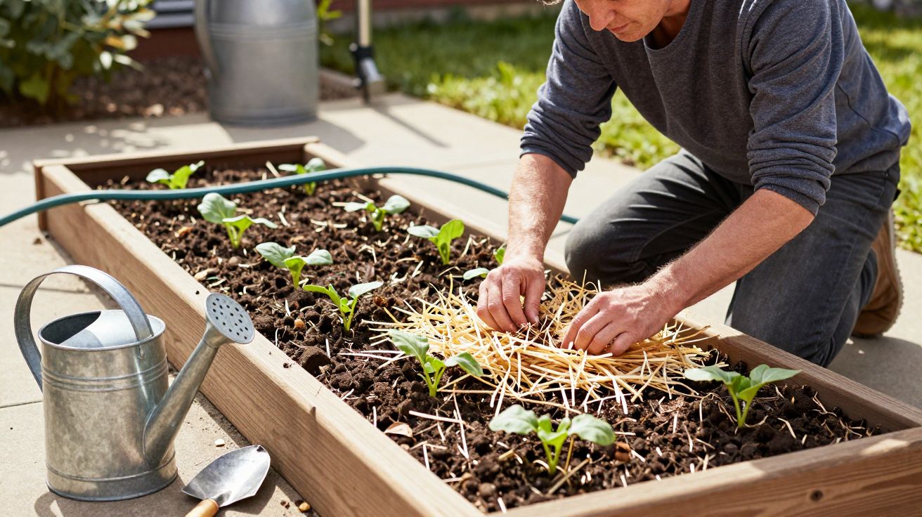 Homem ajoelhado a cobrir plantas num canteiro elevado com palha, regador e pá ao lado.