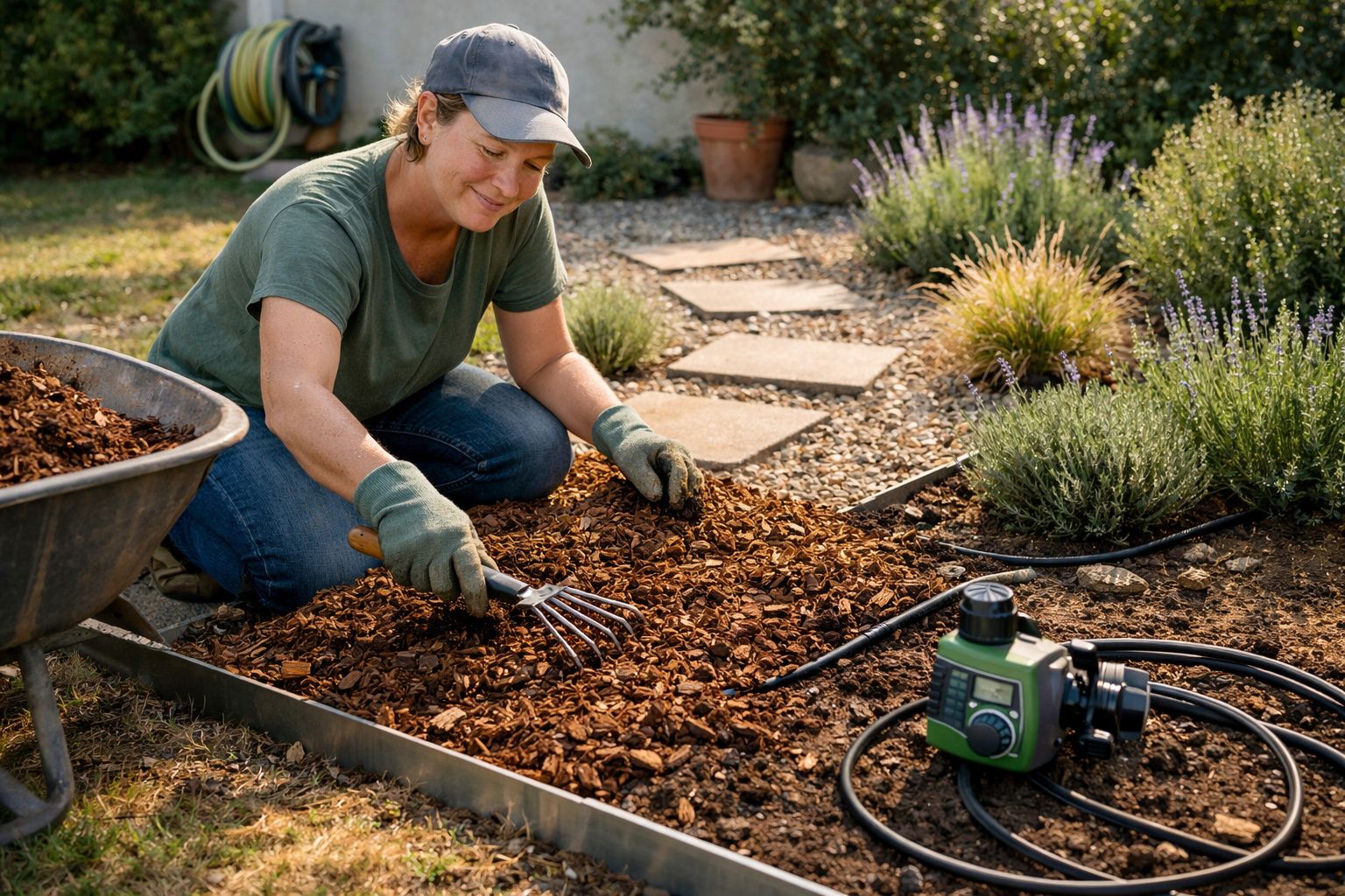 Mulher a jardinar, de luvas, cuida do solo com ancinho em canteiro, ao lado de um carrinho de mão e mangueira.