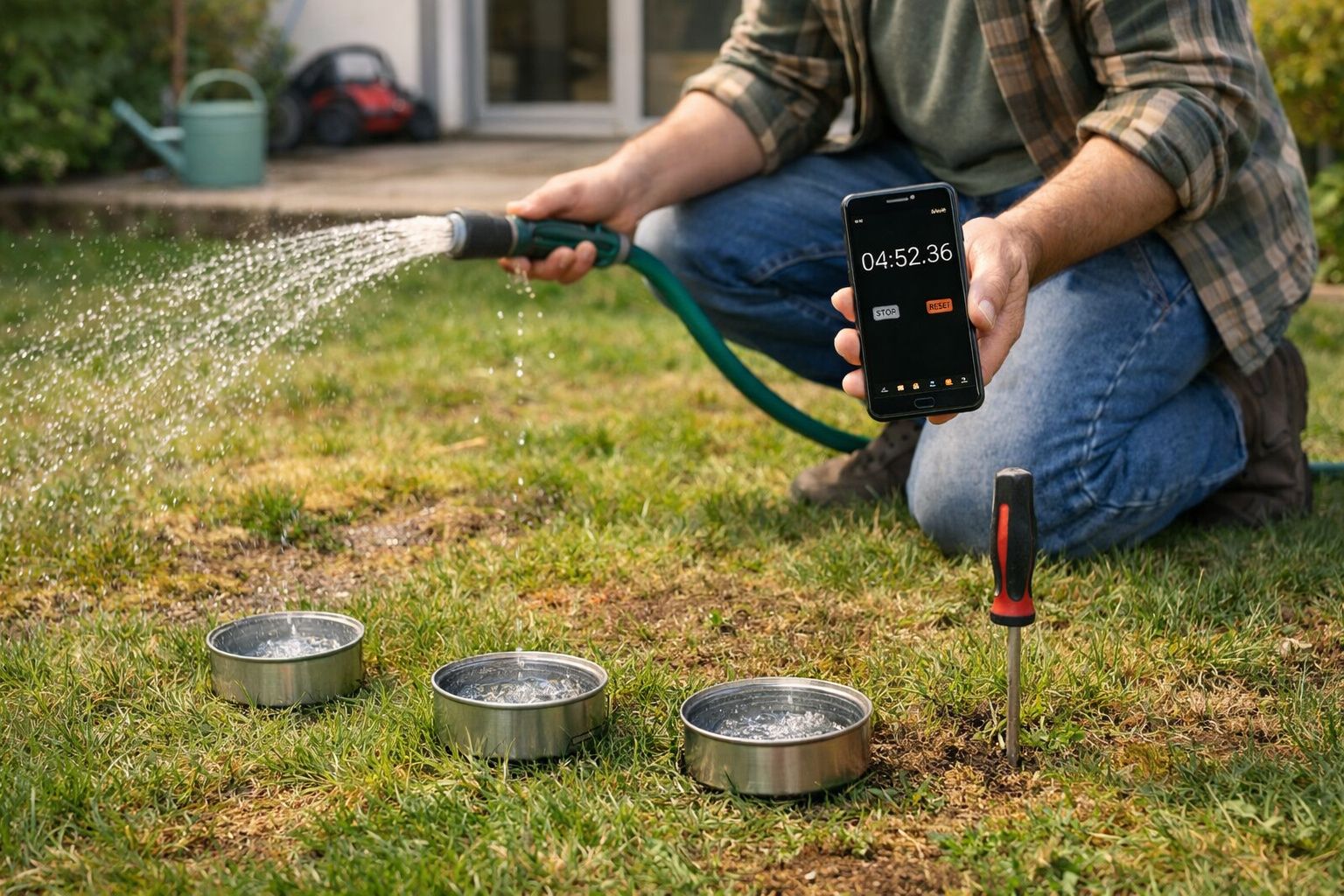 Pessoa ajoelhada a regar relvado, segurando telemóvel com temporizador. Três recipientes no chão.