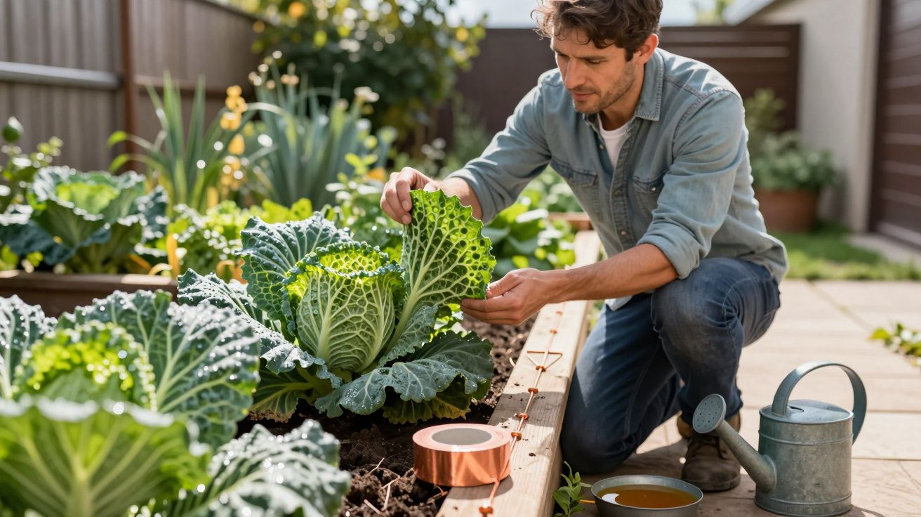 Homem em horta urbana colhe folha de couve com regador ao lado, concentrado no cultivo das plantas.