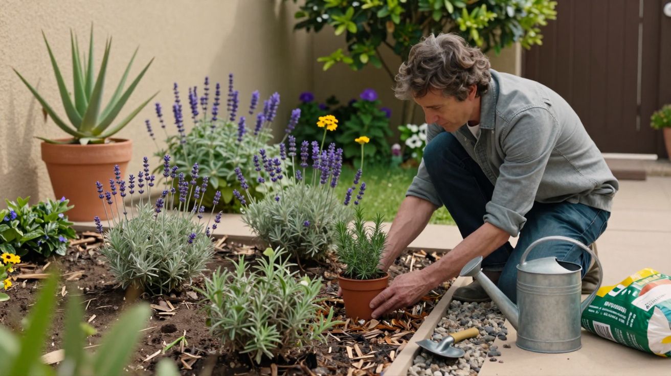 Homem a jardinar, plantando lavanda num canteiro ao ar livre, ao lado de uma regadeira e pacote de terra.