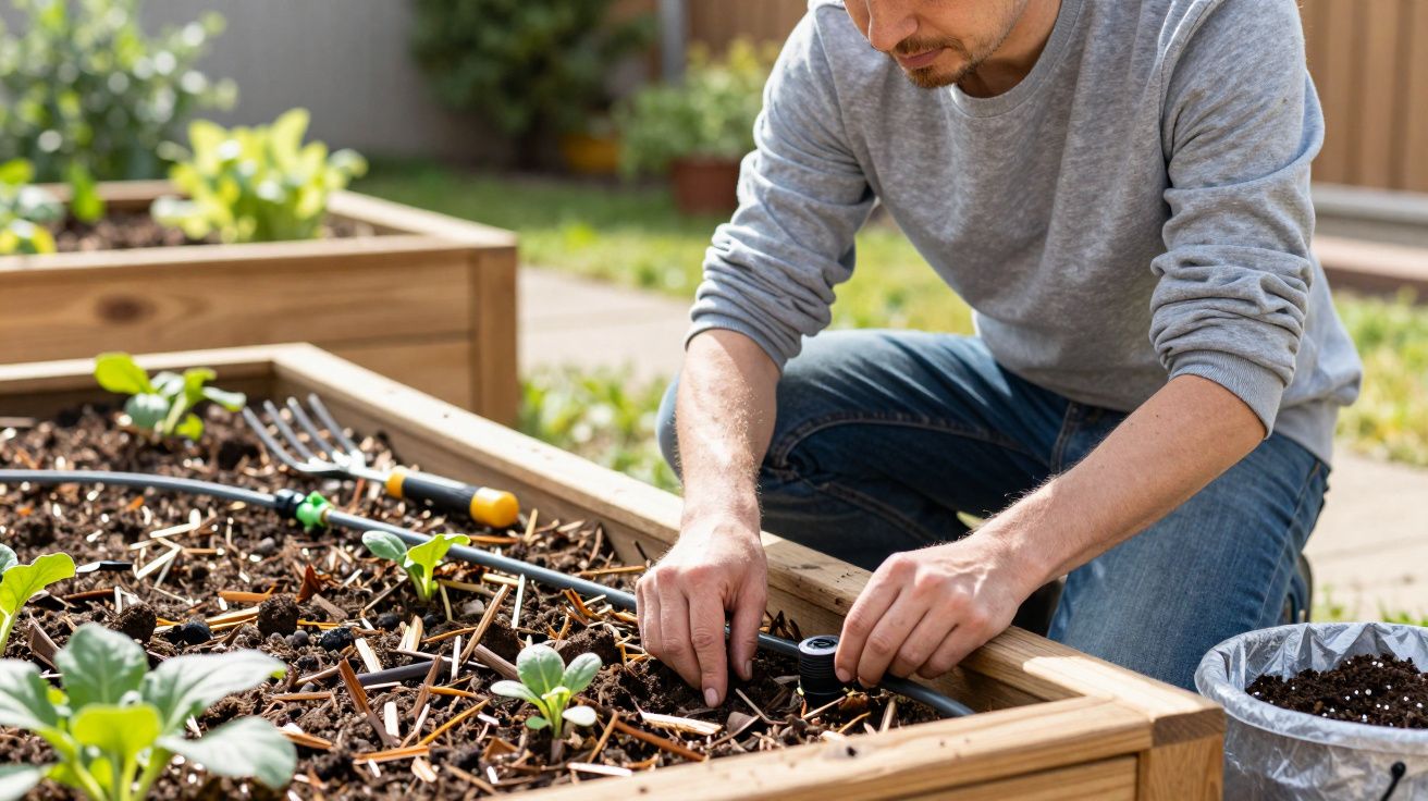 Homem a cuidar de horta elevada, ajustando sistema de rega e plantando mudas em canteiro de madeira.