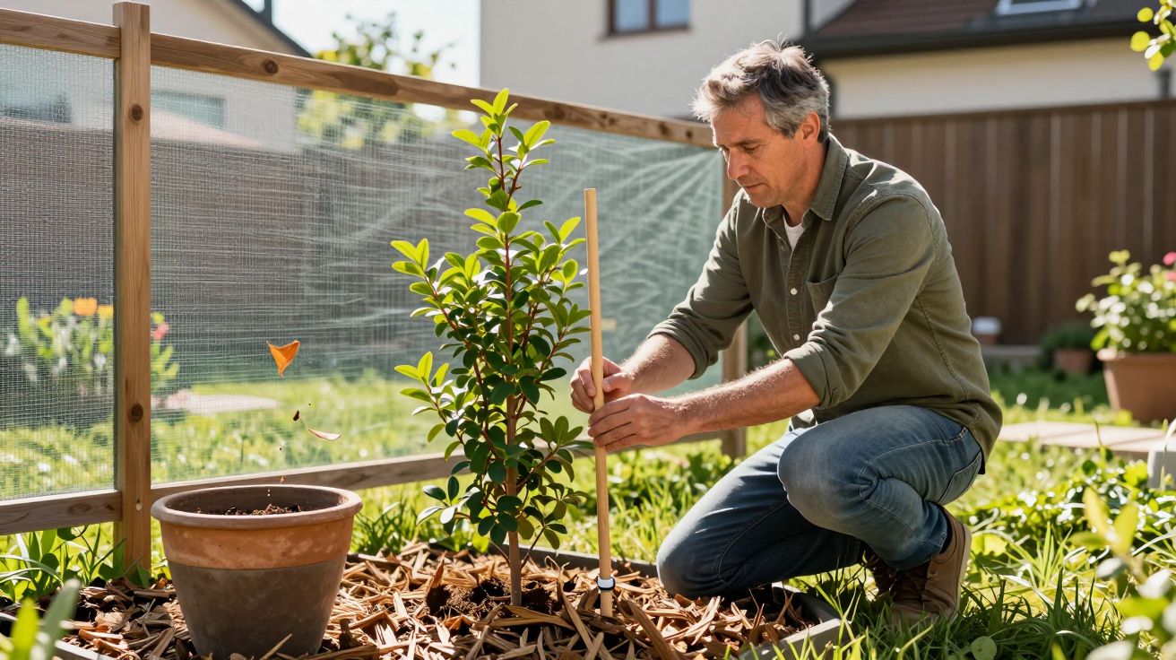 Homem cuida de planta jovem em jardim, com uma estaca de madeira ao lado, ao ar livre num dia ensolarado.