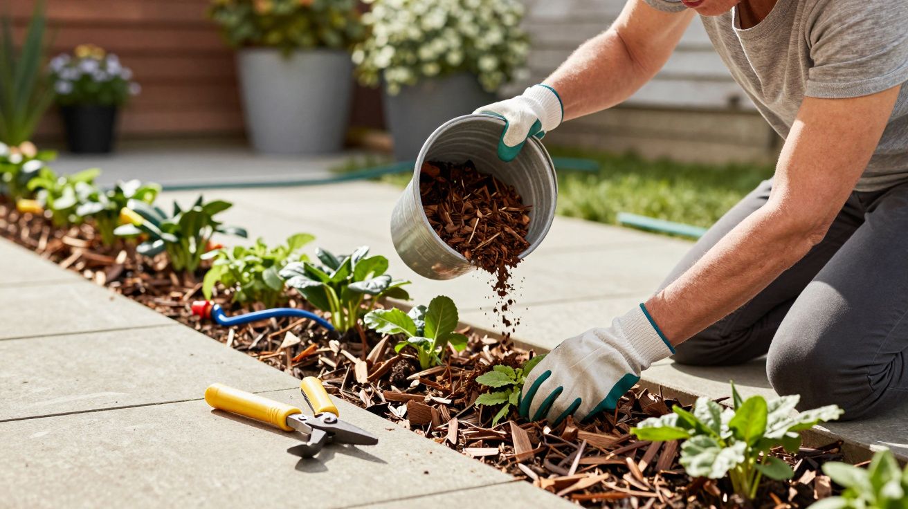 Pessoa de joelhos a colocar cobertura vegetal em canteiro com plantas, usando luvas de jardinagem.