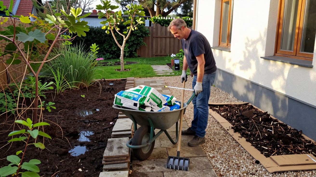 Homem no jardim empurra carrinho de mão com sacos de fertilizante e segura ancinho.
