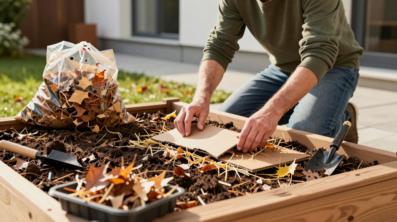 Pessoa adiciona folhas e cartão numa caixa de compostagem no jardim. Ferramentas ao lado.