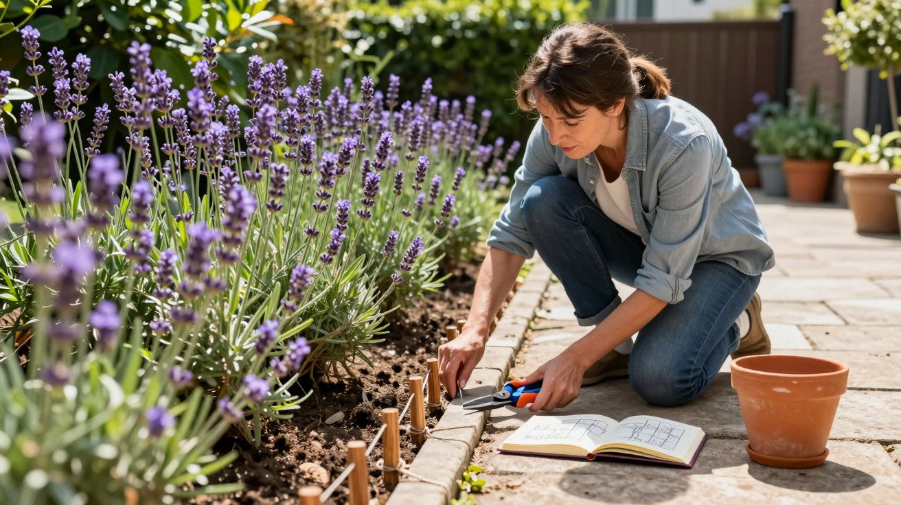 Mulher a cuidar de lavandas no jardim, com tesoura de poda e livro aberto ao lado.