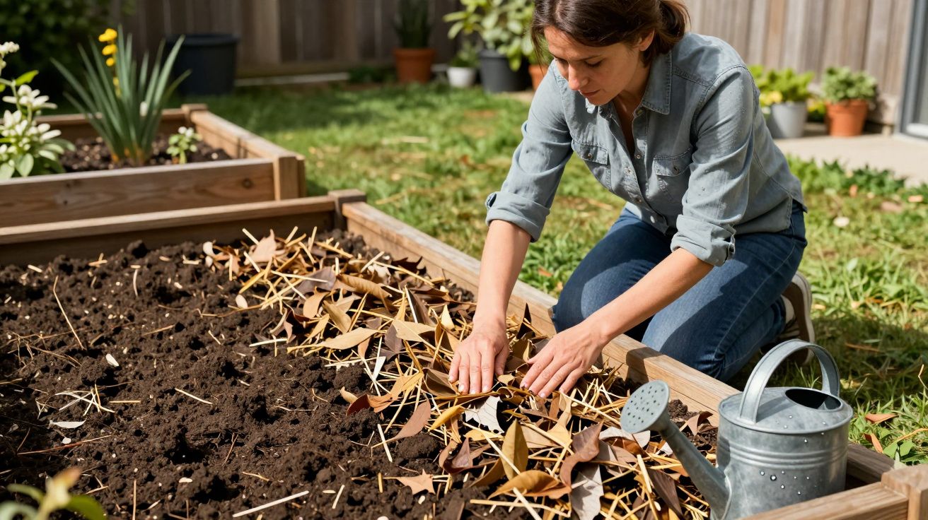 Mulher ajoelhada a ajeitar folhas secas e palha numa horta elevada no jardim. Regador ao lado.